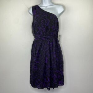 Express Women's Small Dress Purple Black One Shoulder Belted Blouson BH5 NWT